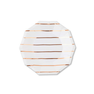 This is a copper wedding decor by Jollity and Co called rose gold frenchie stripes small plates in standard