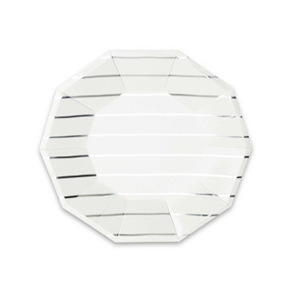 This is a silver wedding decor by Jollity and Co called silver metallic frenchie stripes small plates in standard
