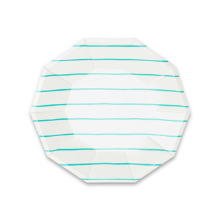 This is a blue wedding decor by Jollity and Co called aqua frenchie stripes small plates in standard
