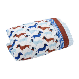 This is a blue throw blankets by Michelle Pham called dachshunds & hearts reversible block print baby quilt in standard