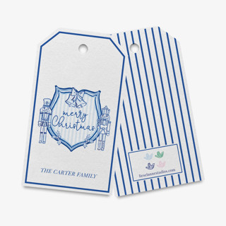 This is a blue gift tags by Liesel Anne called personalized blue nutcracker christmas crest gift tags (set of 24) in standard